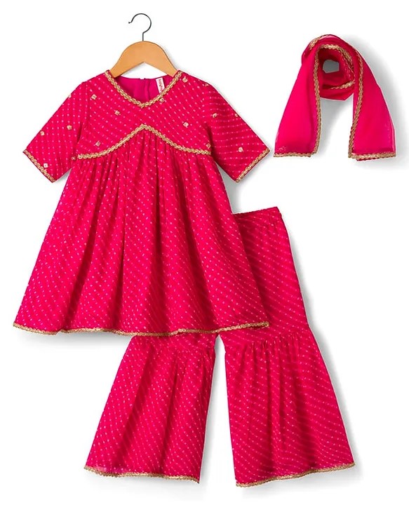 Babyhug Georgette Woven Three Fourth Sleeves Kurta Gharara & Dupatta Set With Sequin Detailing - Fuschia
